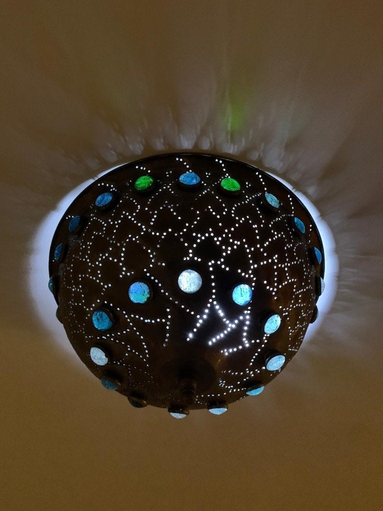 Bohemian style, eclectic middle-eastern tin lamp, Ophalen of Verzenden, Gebruikt, Metaal, Plafondlamp