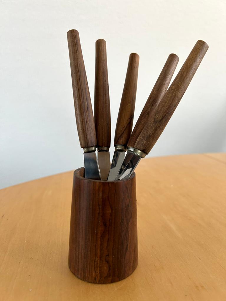 Fruitmesssen set teakhout, Ophalen of Verzenden, Gebruikt, Rvs of Chroom, Bestekset