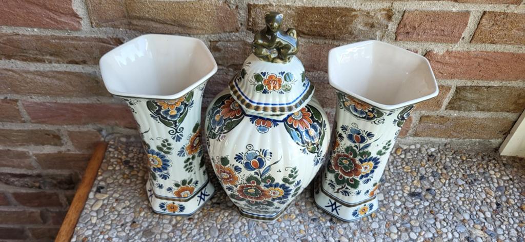 Prachtig Delfts Polychroom Vaas Set met Deksel - 32 cm, Antiek en Kunst, Antiek | Vazen, Ophalen of Verzenden