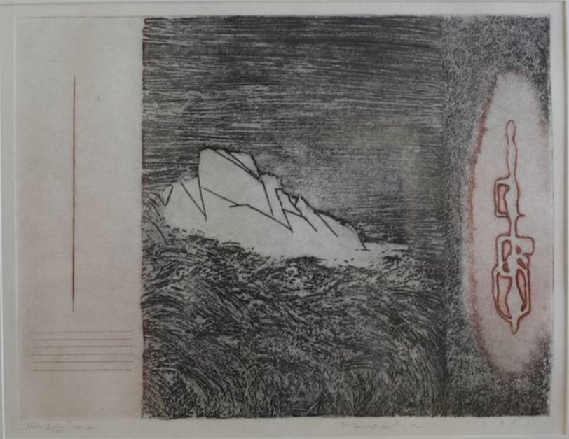 Jan Montijn(1924) Kleuren Ets"Comp Vietnam la roche" Ges Gen, Antiek en Kunst, Ingelijst, Mythologie, 42 cm, Ophalen of Verzenden