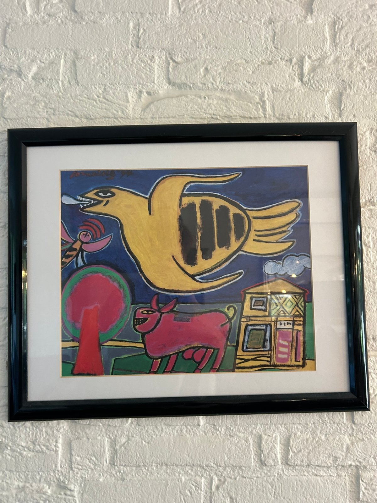 Corneille ’94 – kleurrijke litho – vogel en hond – ingelijst, Ophalen of Verzenden