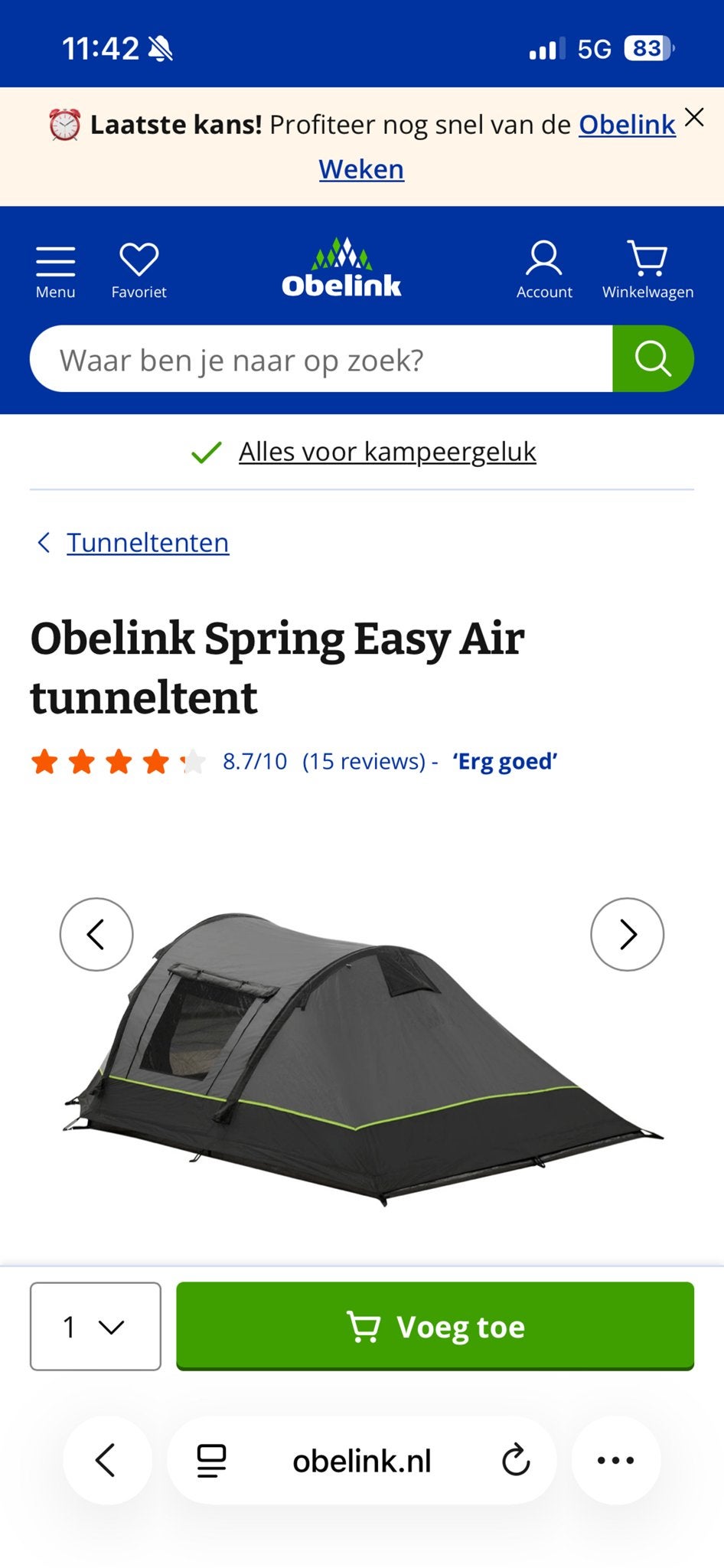 Obelink Spring Easy Air tunneltent - 3 personen, Caravans en Kamperen, Ophalen of Verzenden, Zo goed als nieuw, Tot en met 3