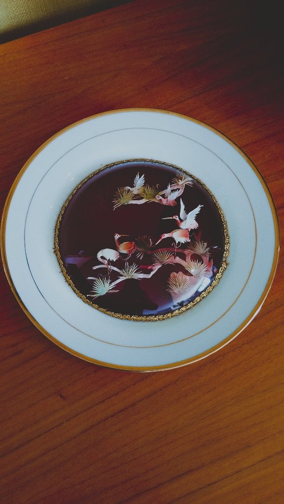Vintage Chinese bord diorama met kraanvogels, Ophalen of Verzenden