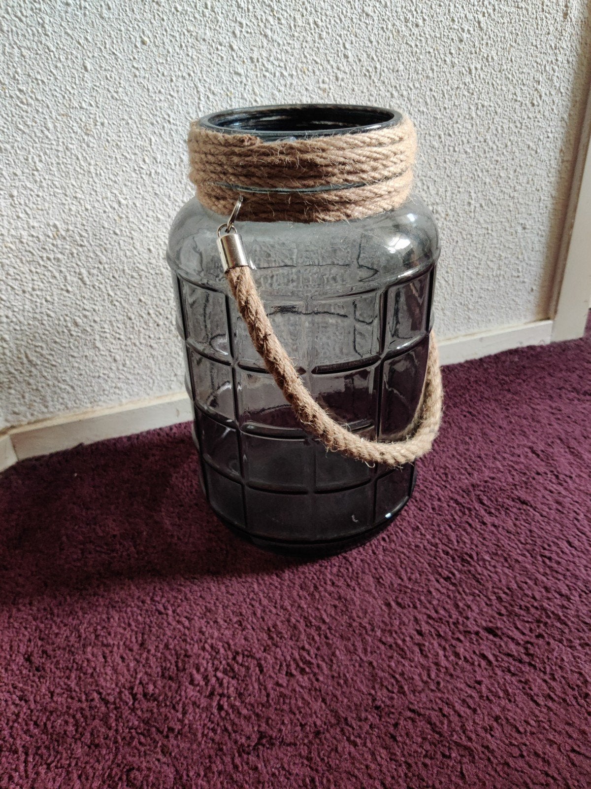 Glazen windlicht met touw handvat - Grijs, Ophalen of Verzenden, Zo goed als nieuw, Modern, Glas