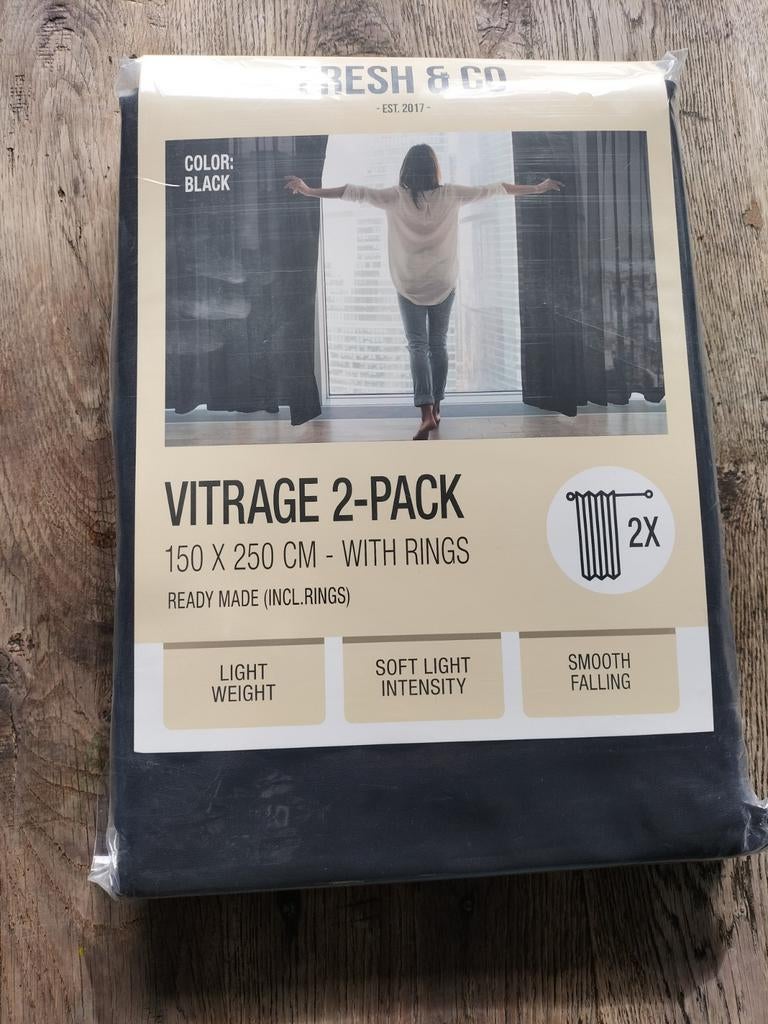 Vitrage 2-pack 150x250 cm  Zwart met ringen, 100 tot 150 cm, 200 cm of meer, Zwart, Nieuw