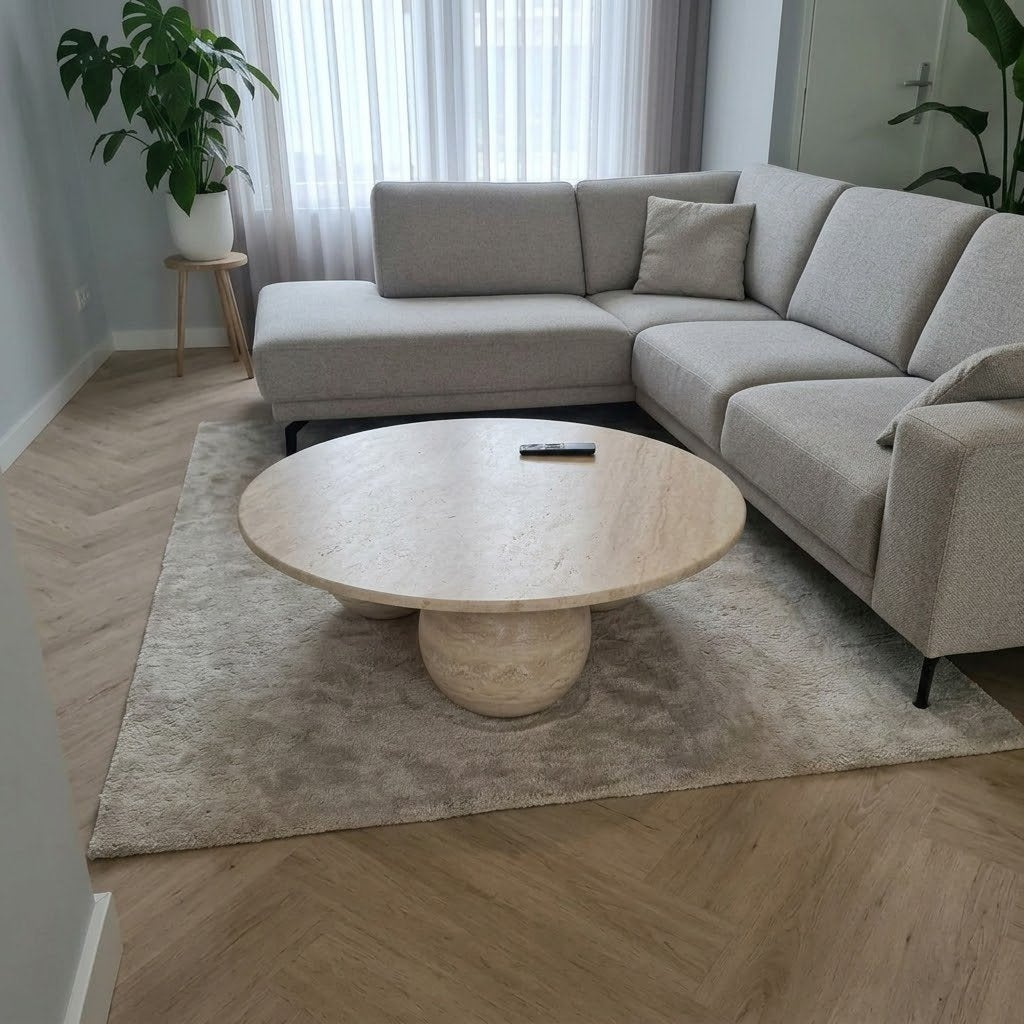 Ronde travertin salontafel met travertin bollen, Huis en Inrichting, Ophalen, Zo goed als nieuw, Rond, 50 tot 100 cm