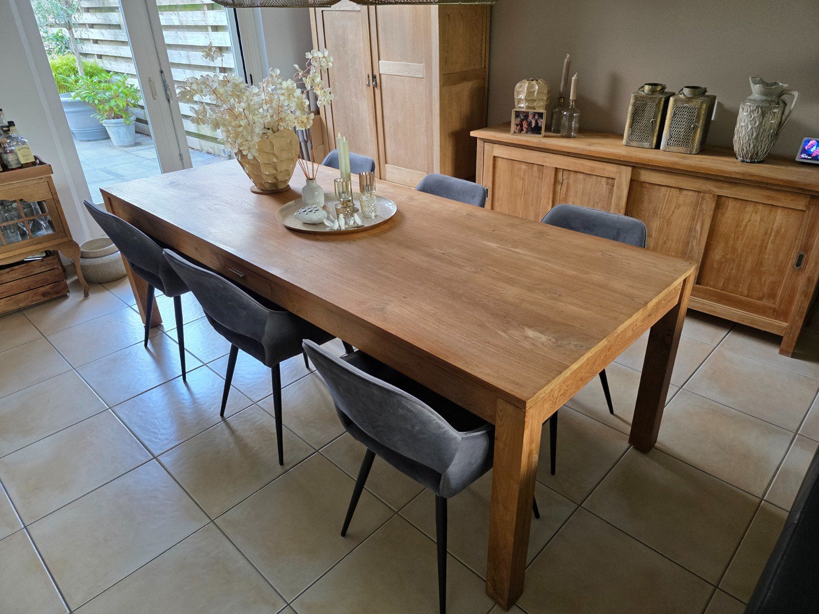 Teak Eettafel 2,5 m bij 1 m, Ophalen, Gebruikt, Teakhout, 200 cm of meer