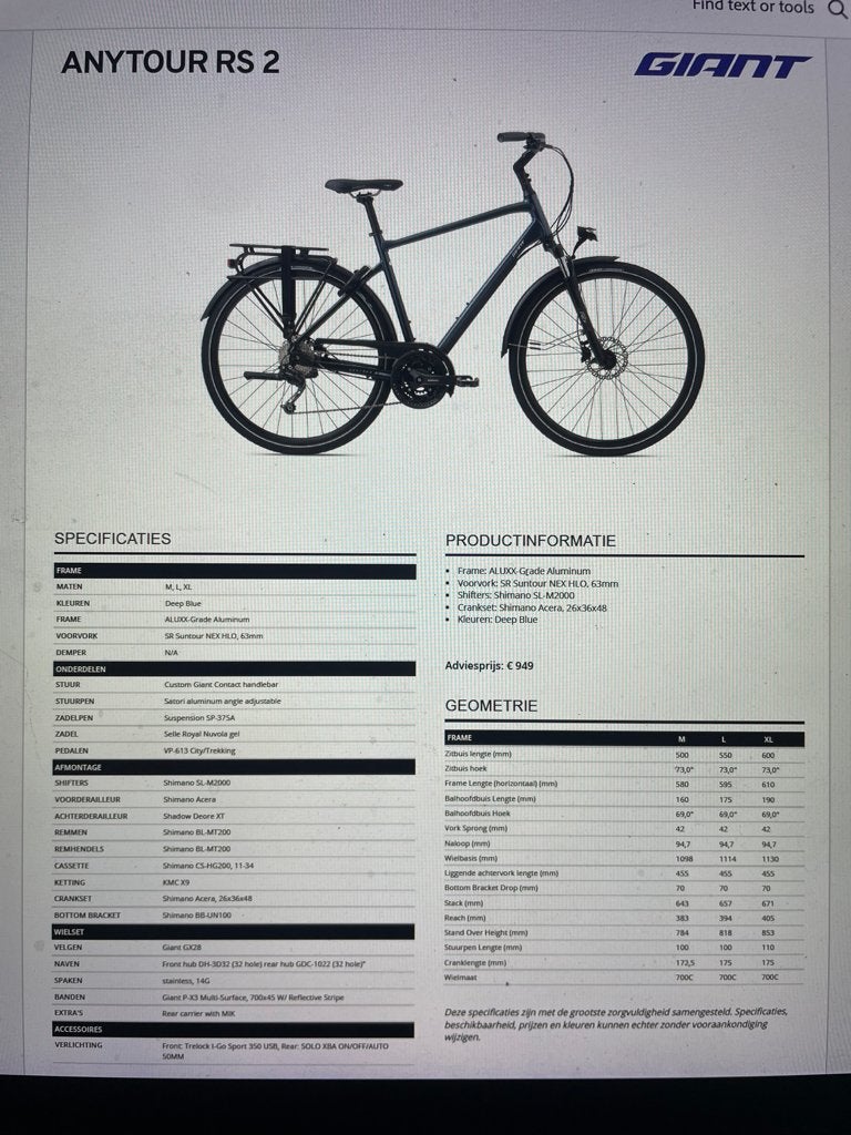 Herenfiets Giant Anytour RS2, Ophalen, Versnellingen, Giant, Zo goed als nieuw