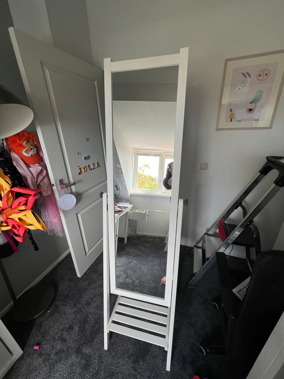 Witte passpiegel met plankje, Huis en Inrichting, Woonaccessoires | Spiegels, Ophalen, Minder dan 50 cm, Gebruikt, 150 tot 200 cm