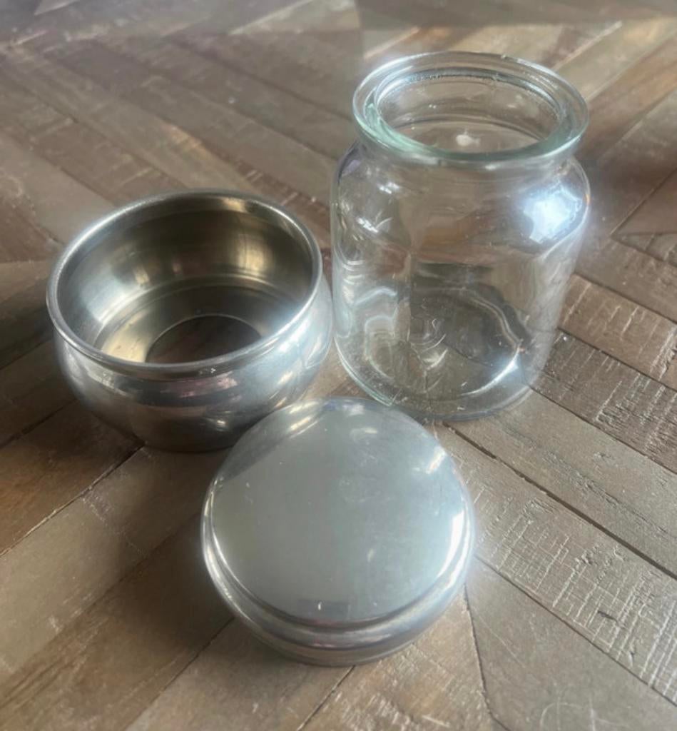 Vintage Jampothouder 3-delig Metaal & Glas pot voor jam, Ophalen of Verzenden