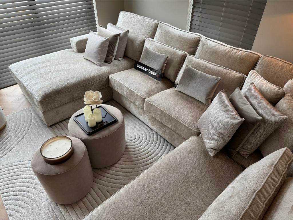 Luxe Velvet Teddy U-Bank Pocket 200x370x250cm Beige Sand NEW, Huis en Inrichting, Banken | Bankstellen, Info@oosterbaanwonen.nl