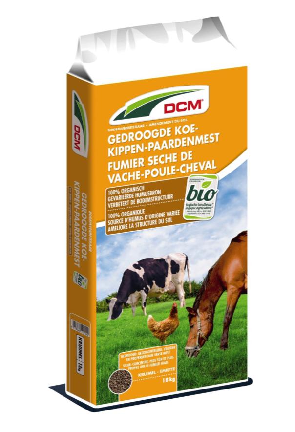 18 kilo biologische gedroogde koe-, kippen & paardenmest, Ophalen of Verzenden, Tuinaarde