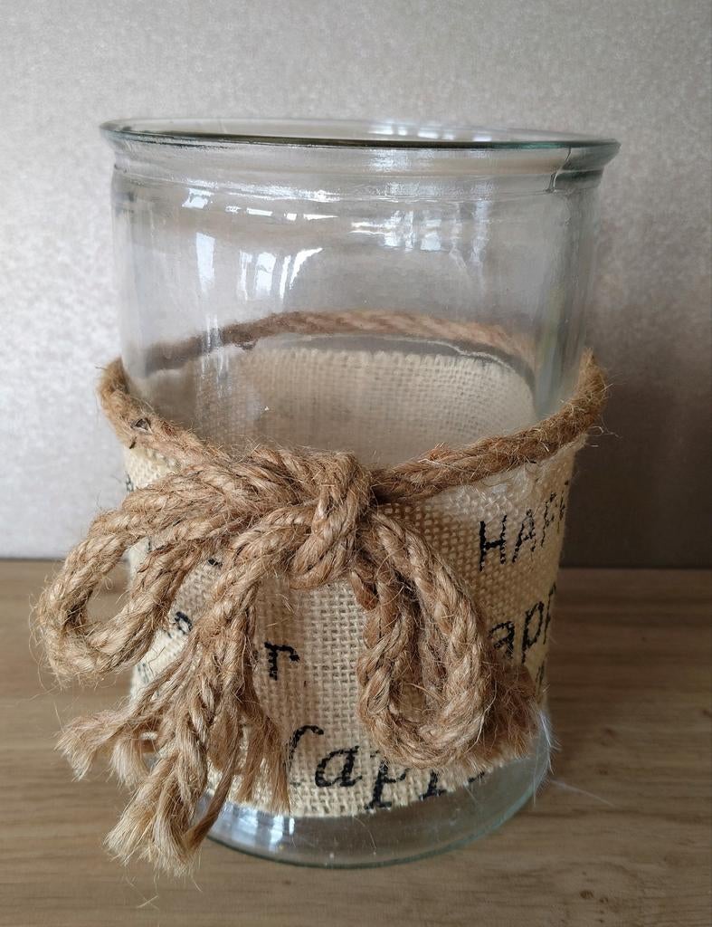 GLAZEN POT MET JUTE EN TOUW*PASEN*VAAS* WINDLICHT  enz, Verzenden, Zo goed als nieuw