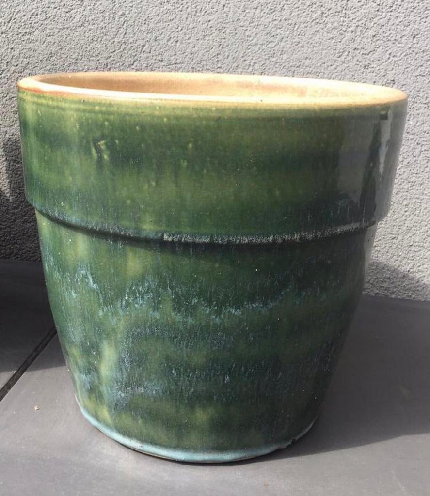 Grote hoge vintage stenen bloempotten groen geglazuurde pot, 25 tot 40 cm, Ophalen of Verzenden, Zo goed als nieuw, Minder dan 40 cm