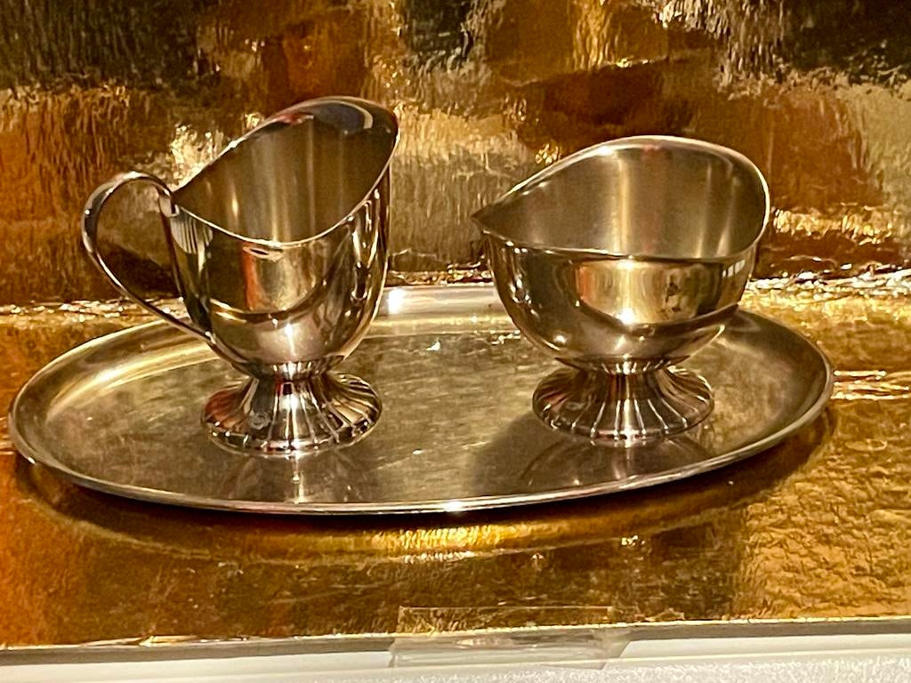 Verzilverd roomstel met dienblad, Antiek en Kunst, Antiek | Goud en Zilver, Ophalen of Verzenden, Zilver