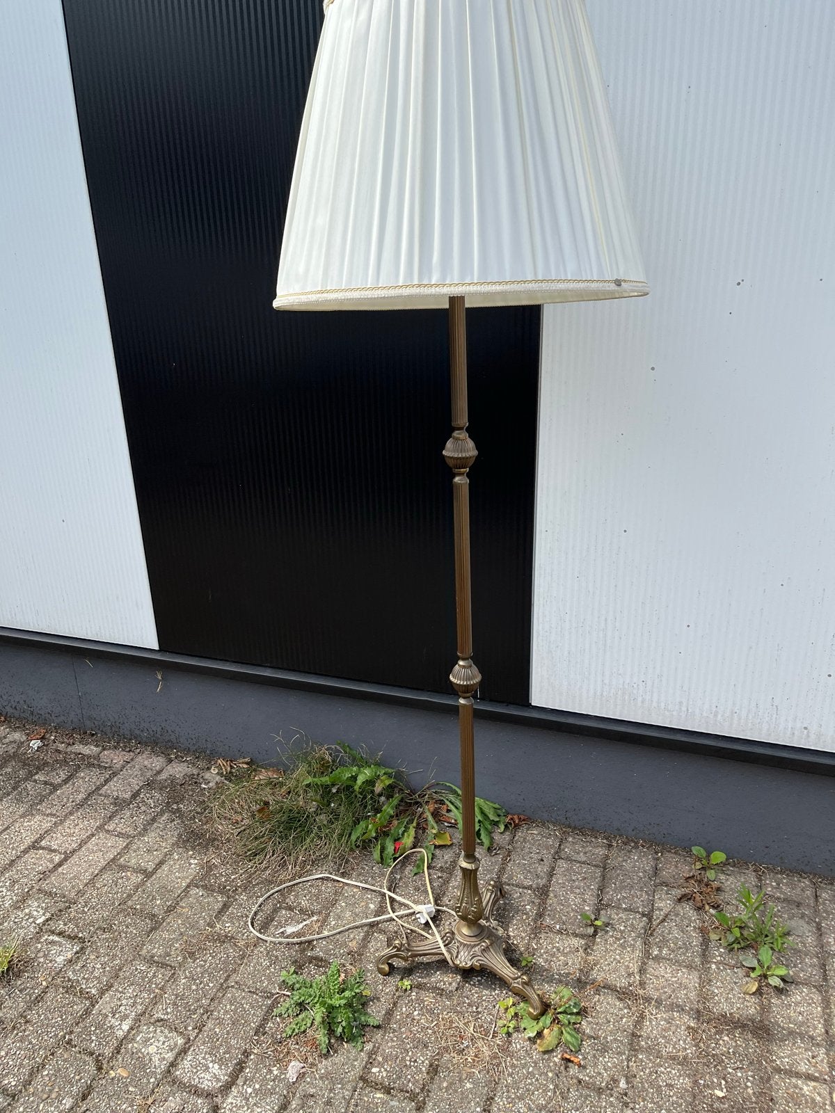 Antieke Messing Staande Lamp met Plissé Kap, Antiek en Kunst, Ophalen