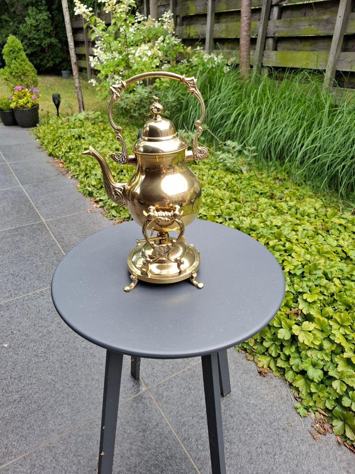 Antieke koperen theepot met rechaud, Ophalen of Verzenden, Koper