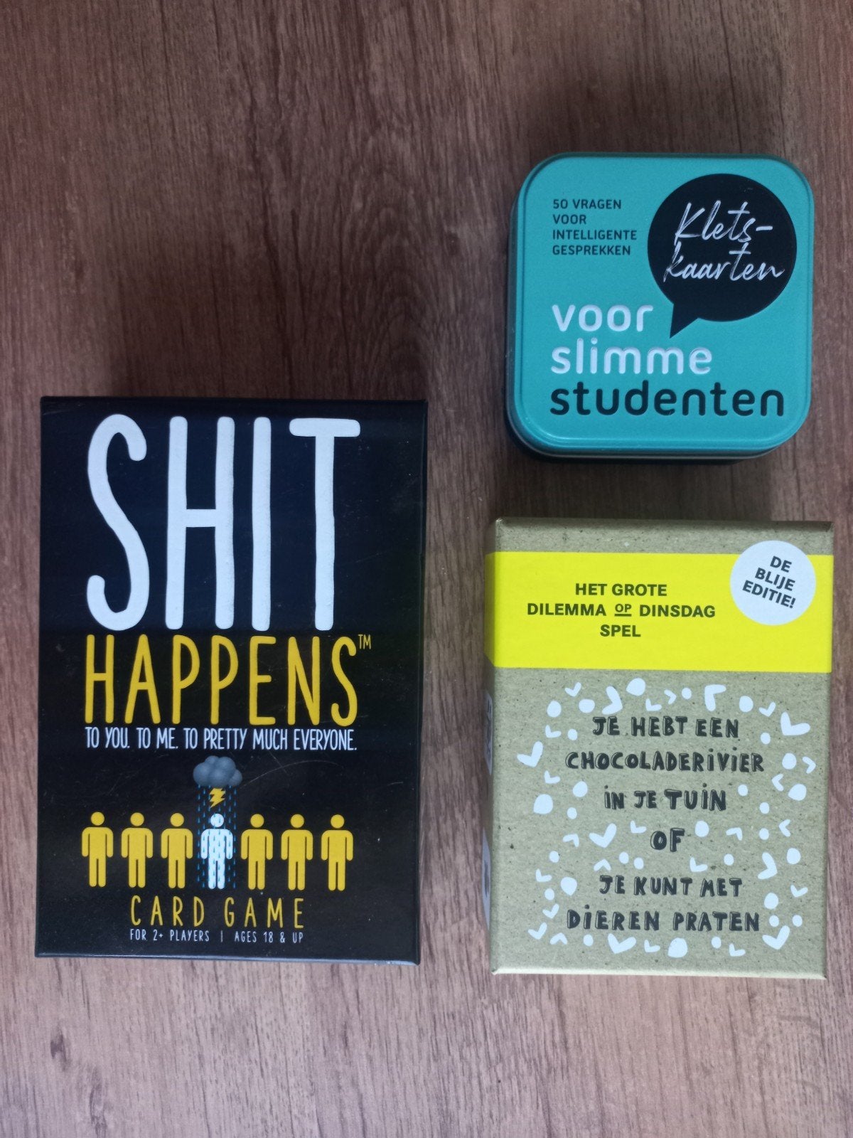 3 Gezelschapsspellen: Shit Happens, Kletskaarten, Dilemma, Vijf spelers of meer, Ophalen, Zo goed als nieuw, Diverse