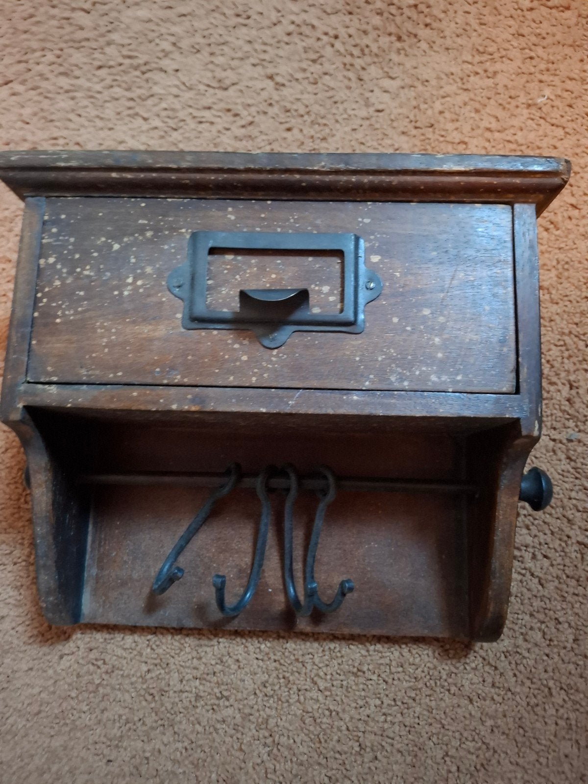 Vintage houten sleutelkastje met lade en haken, Ophalen of Verzenden