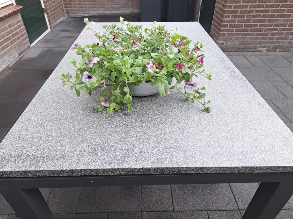 Mooie tuintafel met een zwaar granieten blad en een aluminiu, Tuin en Terras, Tuintafels, Gebruikt, Rechthoekig, Aluminium, Ophalen