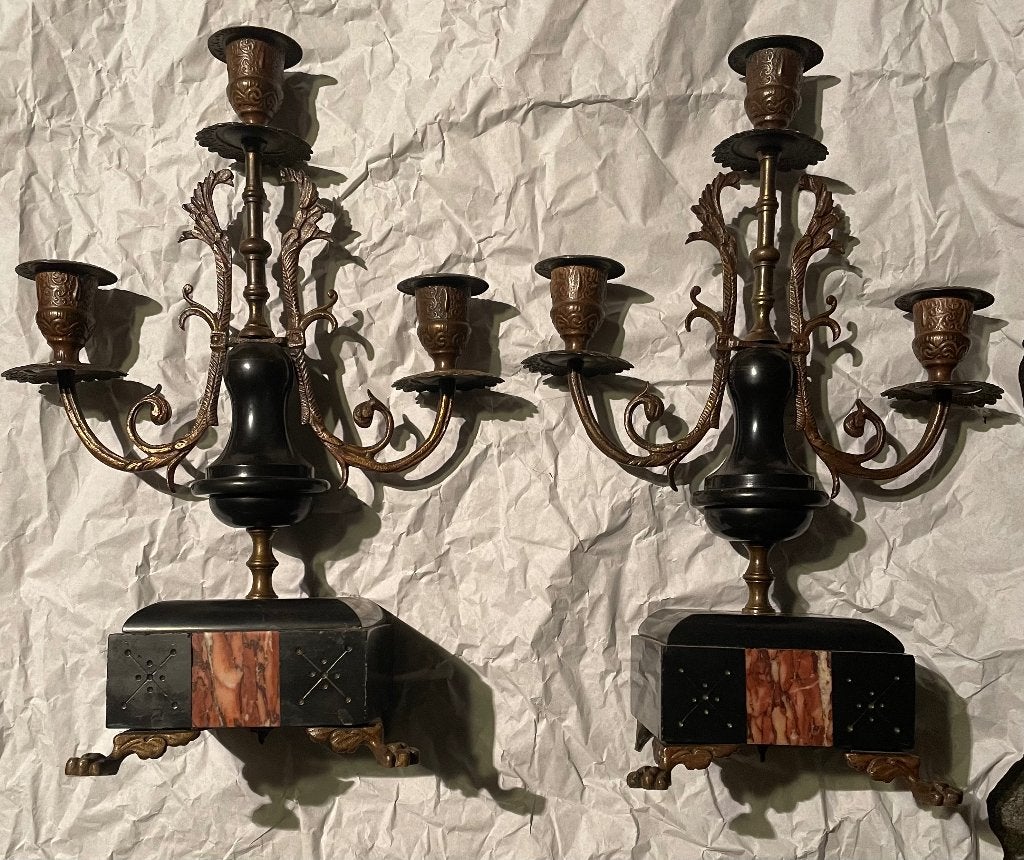 Antieke(+ - 1850) set kandelaars, marmer /onyx / messing., Antiek en Kunst, Ophalen of Verzenden