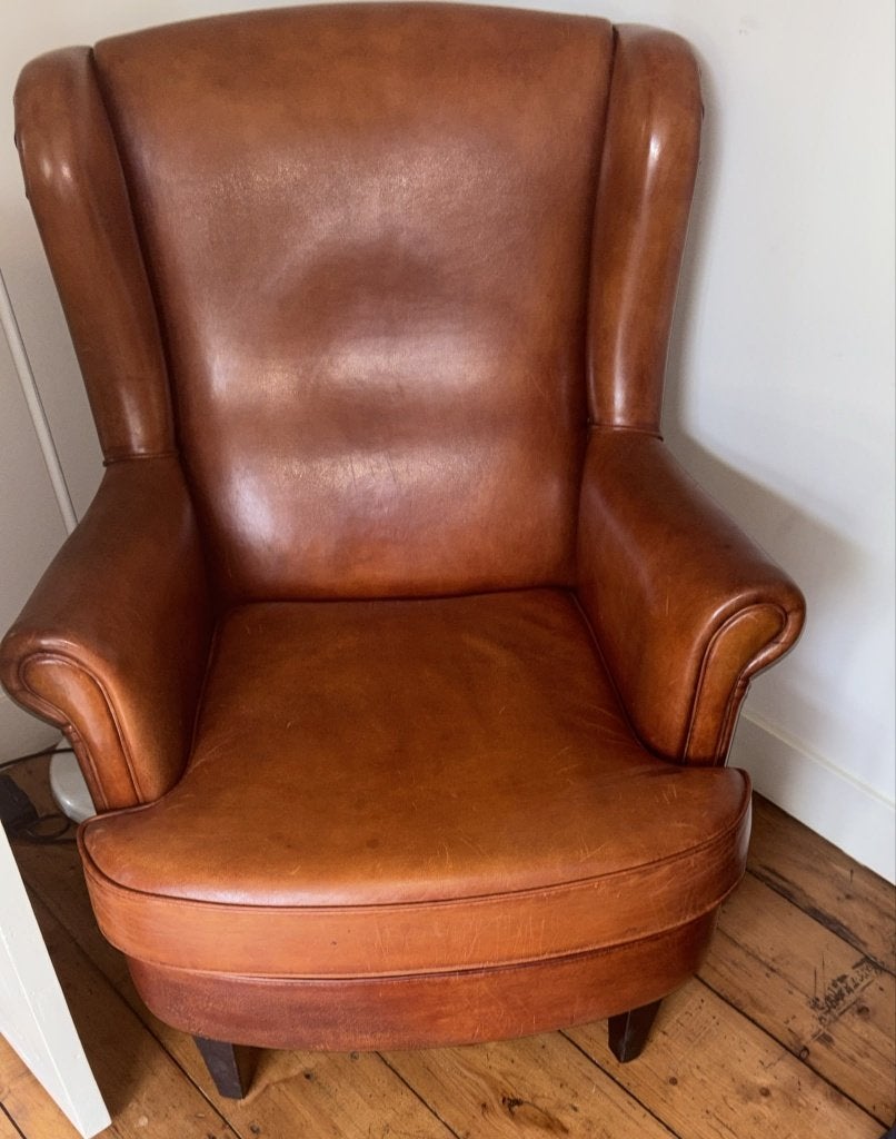 Prachtige, comfortabele leren fauteuil -gebruikte staat, Ophalen, Gebruikt, Schapenleer, 50 tot 75 cm