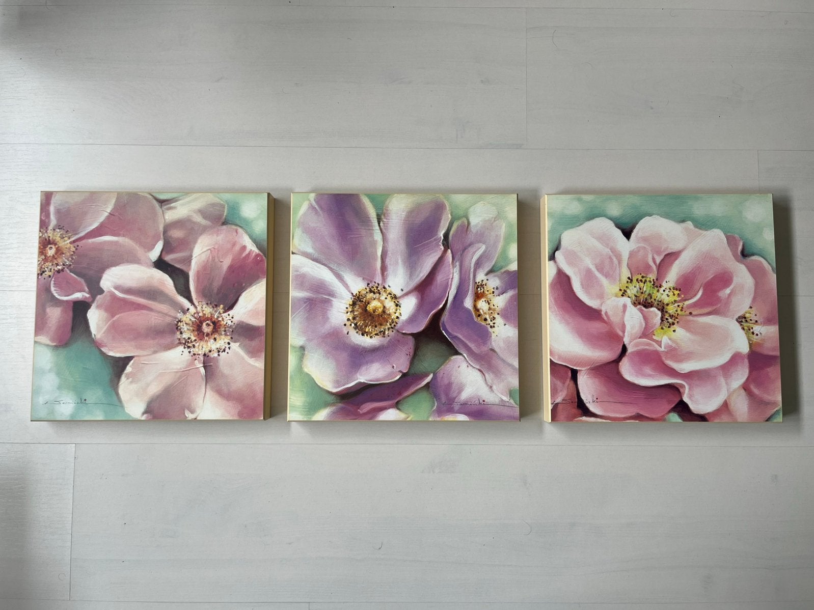 Bloemen schilderijtjes roze, Huis en Inrichting, Woonaccessoires | Schilderijen, Tekeningen en Foto's, Ophalen, Zo goed als nieuw