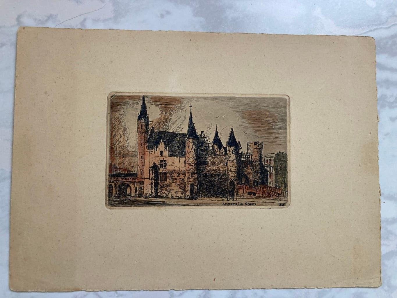 Gravure Anvers, Le Steen, beeld 12 bij 9 cm, handgekleurd., Antiek en Kunst, Stadsgezicht, 9 cm, Ophalen of Verzenden, 12 cm