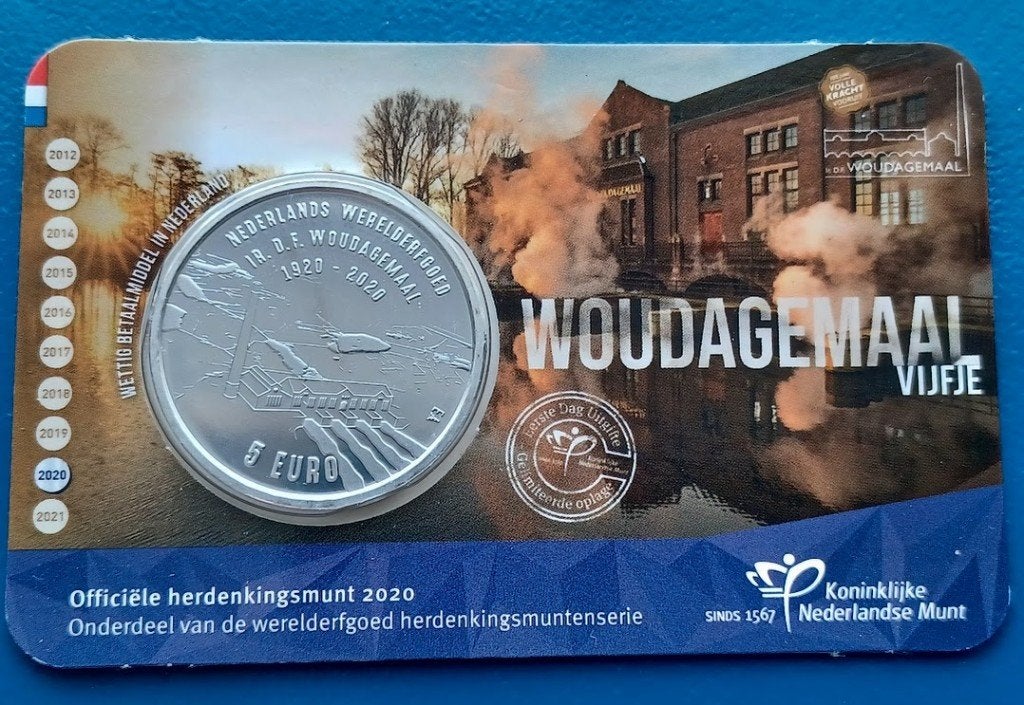 Nederland Woudagemaal Vijfje 2020 1e dag Coincard, Verzenden, Koningin Beatrix, Euro's, Setje