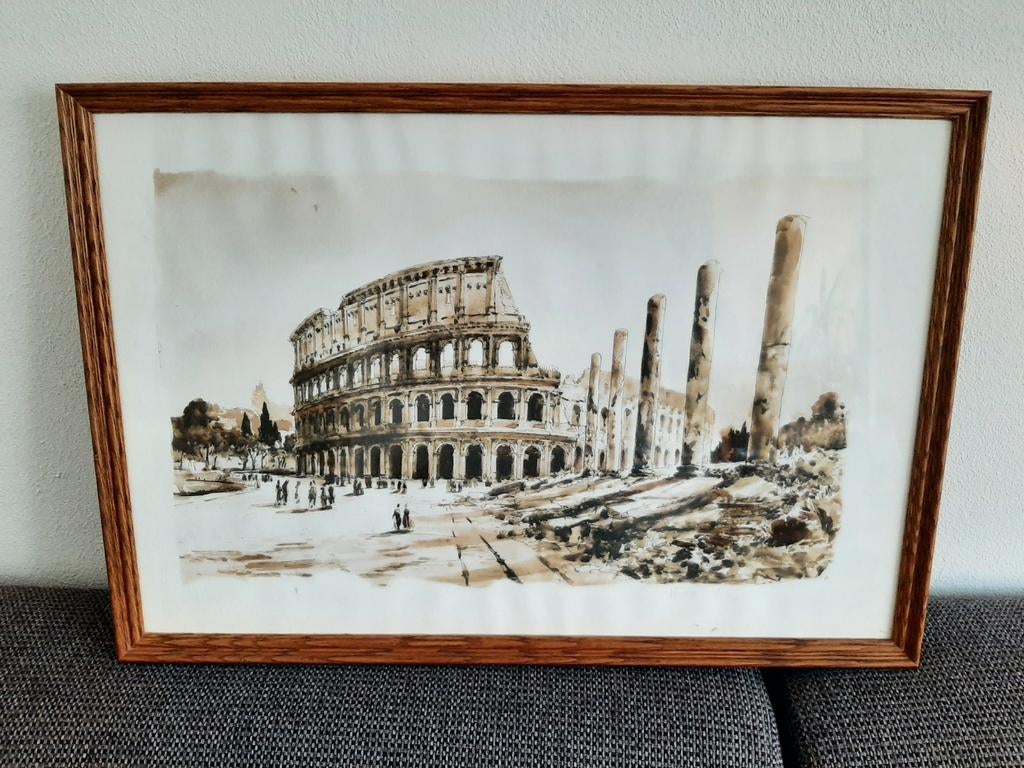 Ingelijste aquareltekening van het Colosseum in Rome., Ophalen of Verzenden, Minder dan 50 cm, Schilderij, Minder dan 50 cm