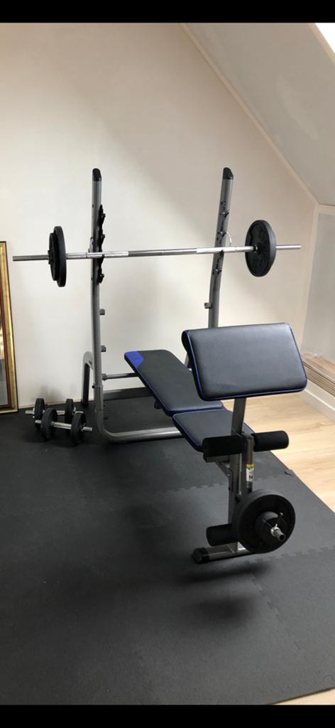 Domyos Multifunctioneel krachtstation met 70 kg halterset, Sport en Fitness, Fitnessmaterialen, Ophalen, Gebruikt, Benen, Halterset