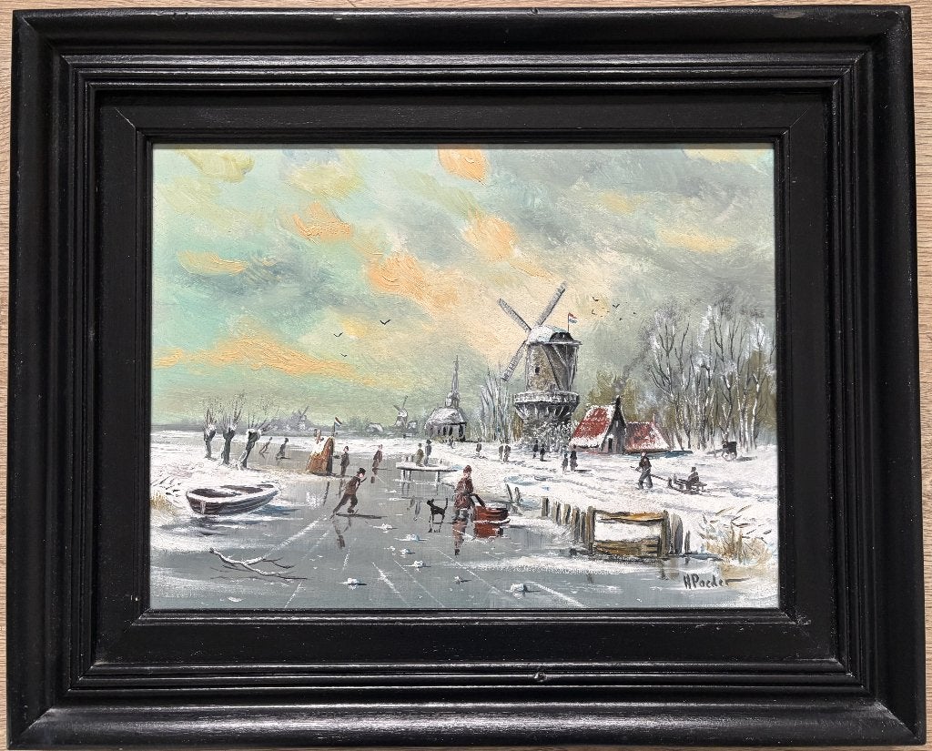 Henk Poeder (1964) - Hollands winterlandschap, Paneel, Nederlandse school, Ophalen of Verzenden, Gesigneerd