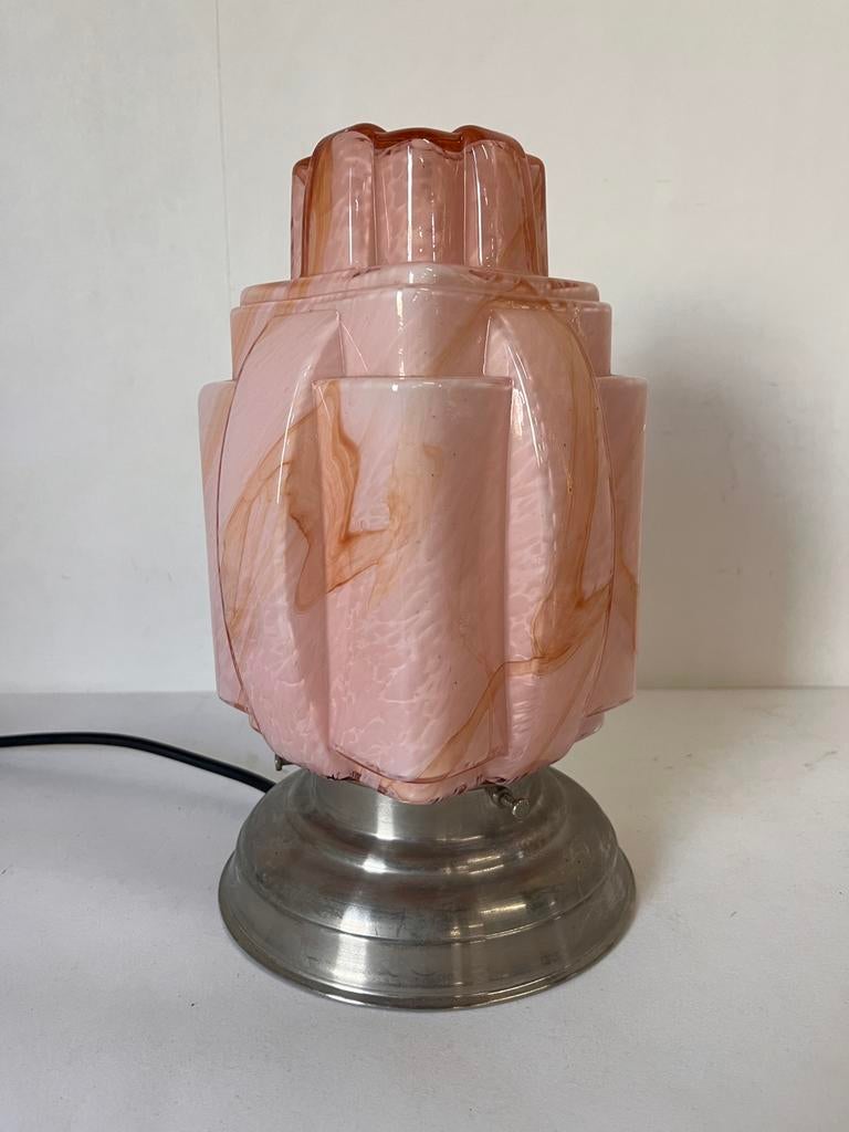 Antieke roze Art Deco gemarmerde lamp plafondlamp skyscraper, Ophalen of Verzenden, Zo goed als nieuw, Glas, Minder dan 50 cm