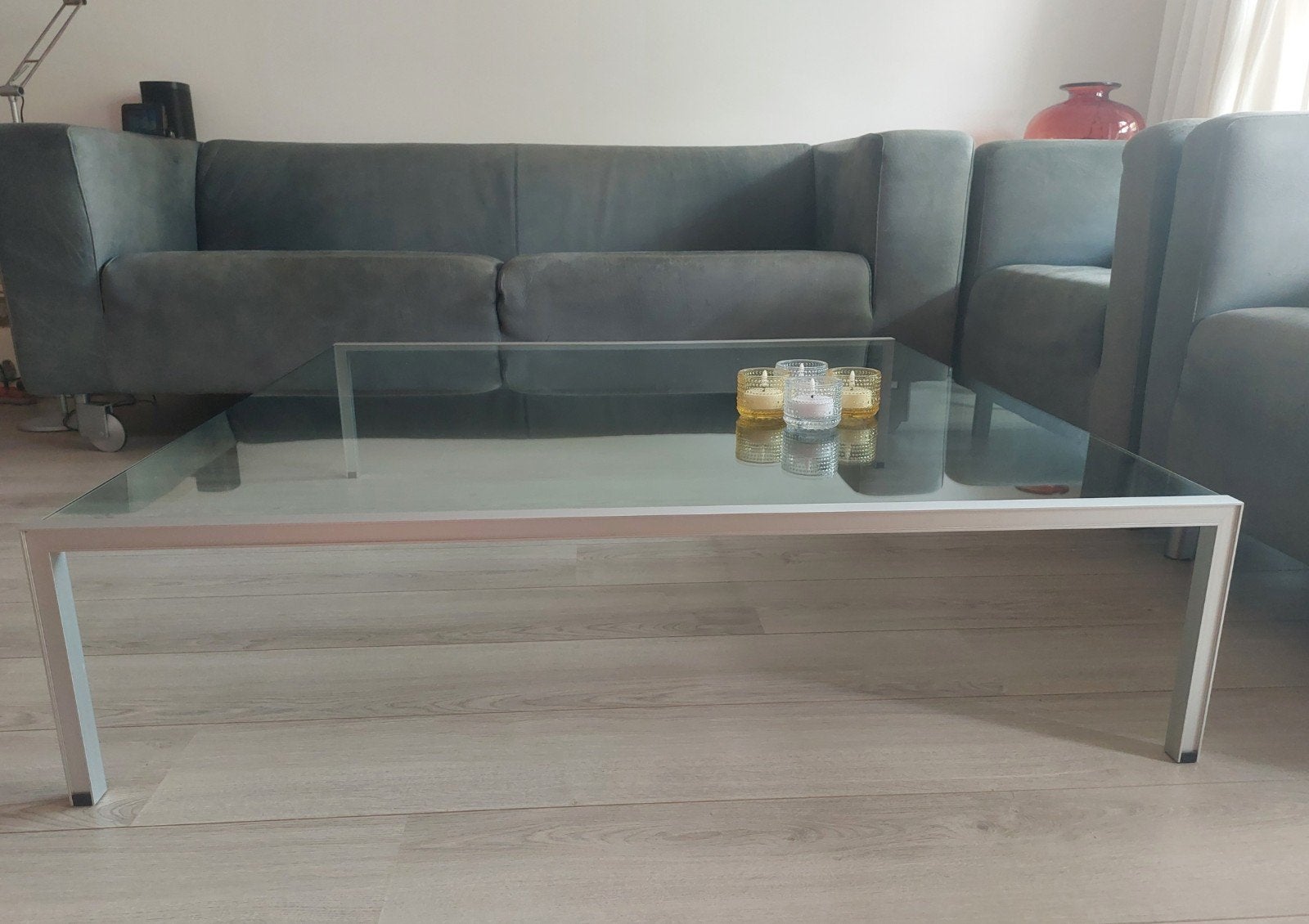 Design salontafel glas/aluminium ROOM by Wellis 120x120x30cm, Ophalen, Gebruikt, Design, Vierkant