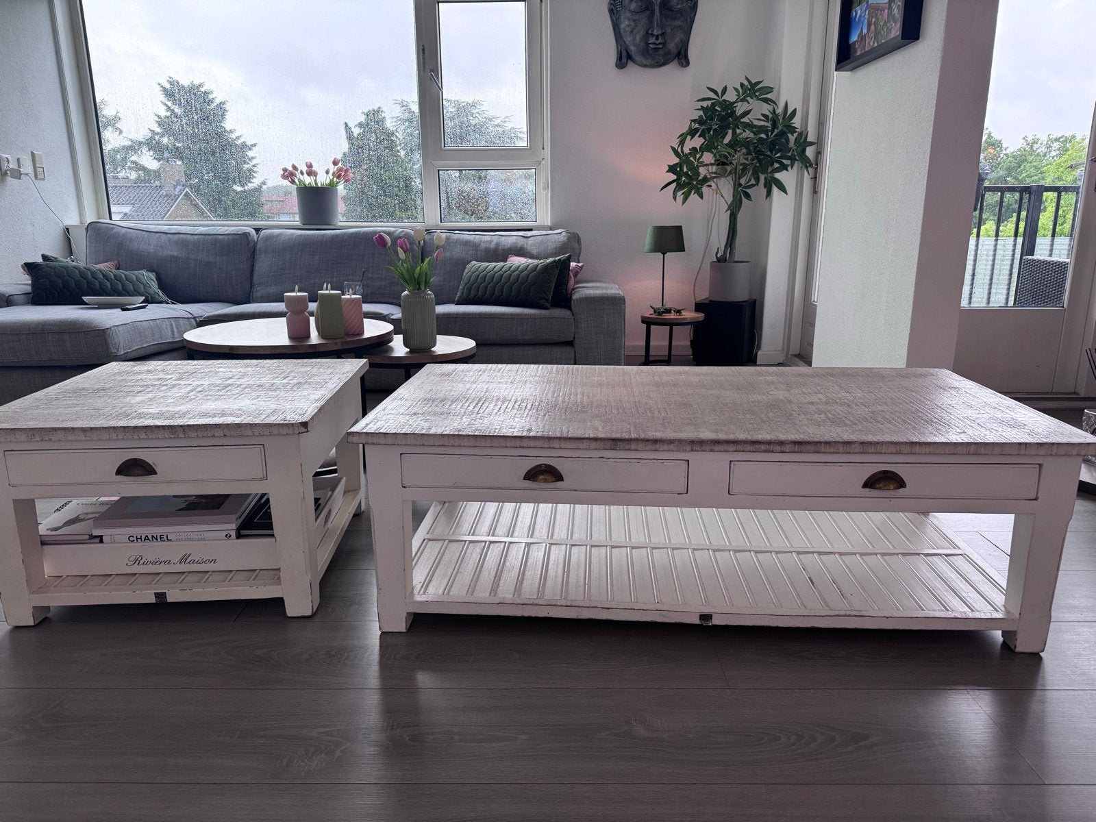 Set van 2 Rivièra Maison salontafels met dienblad, Ophalen, Gebruikt, 100 tot 150 cm, 50 tot 100 cm