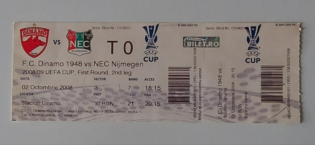 UEFA Cup 2008-2009 ticket Dinamo - NEC Nijmegen, Ophalen of Verzenden, Gebruikt, Overige binnenlandse clubs, Overige typen