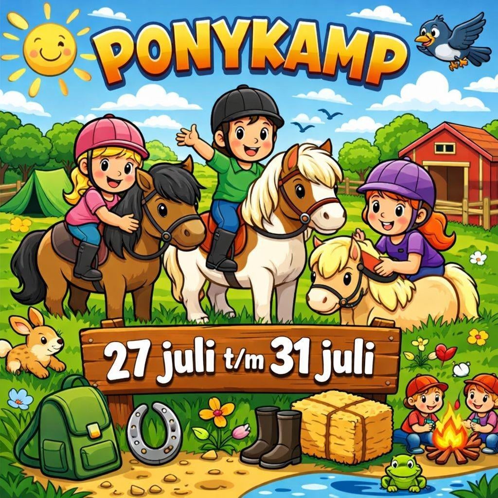 Kinderfeestje met ponys of ponykamp juli 27 tot 31 juli