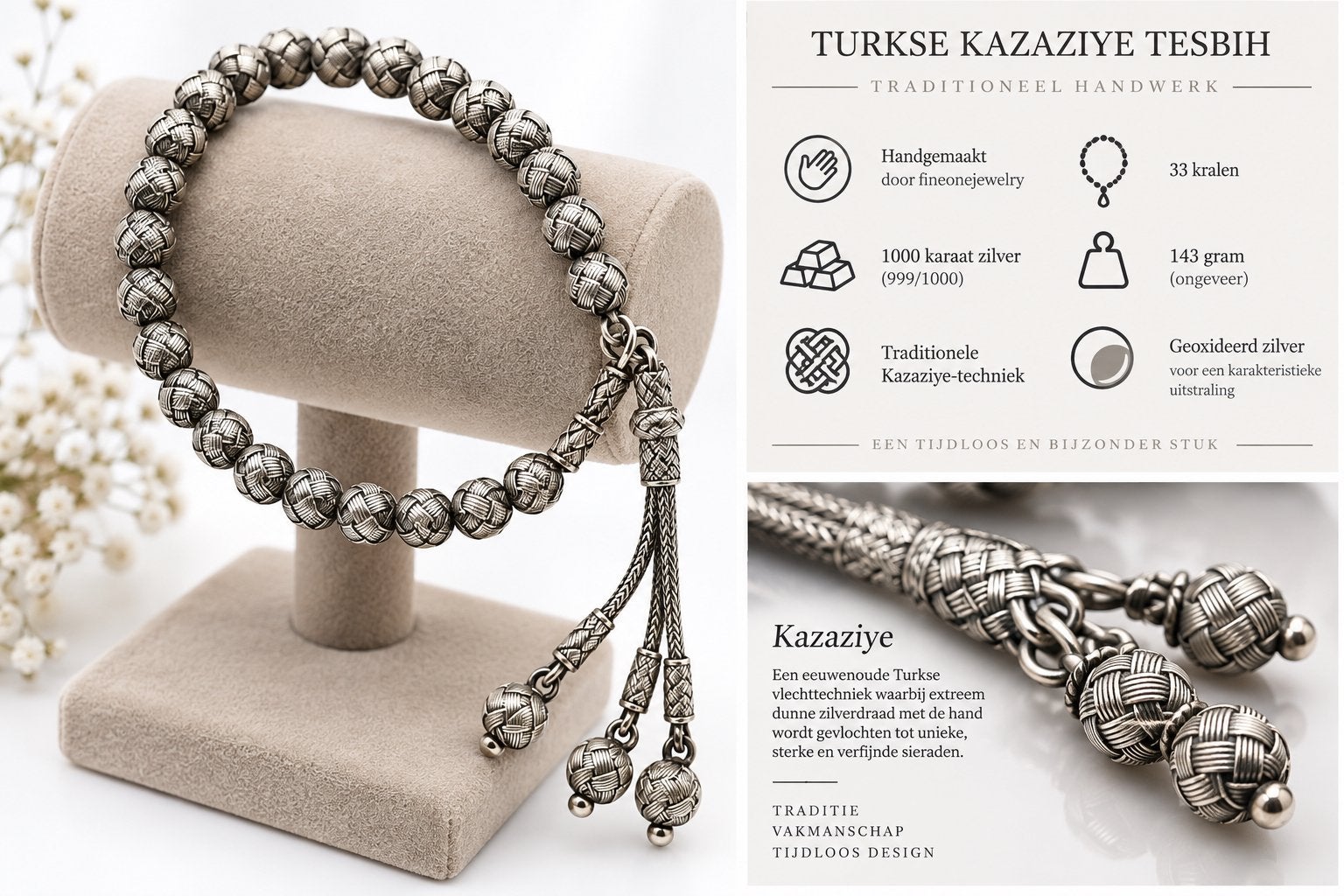 Turkse Kazaziye tesbih, zilver, Ophalen, Nieuw, Zilver, Met bedels of kralen