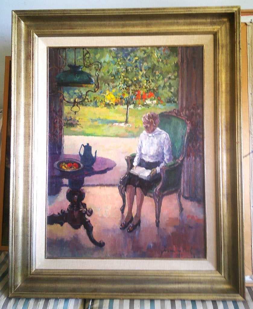 Lezende vrouw in interieur '83 - Jan van den Hurk 1917-2000, Ophalen, Doek, Portret of Personen, Bijzondere lijst