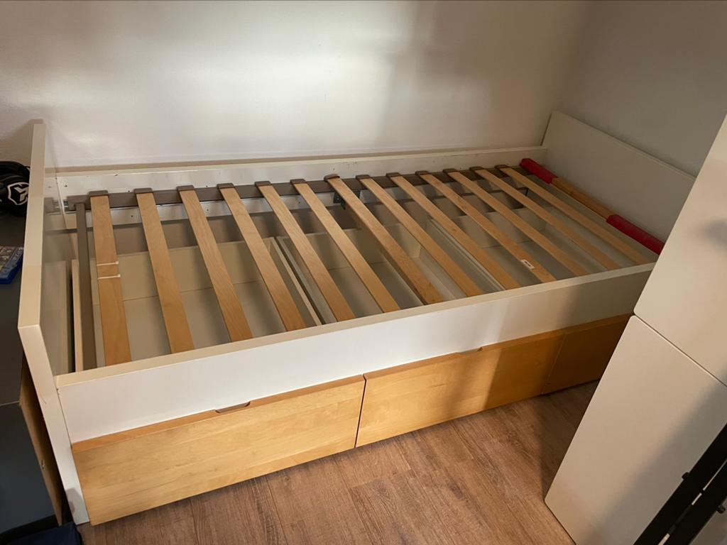 Ikea bed met 3 opberglades, Gebruikt, 90 cm, Eenpersoons, Wit