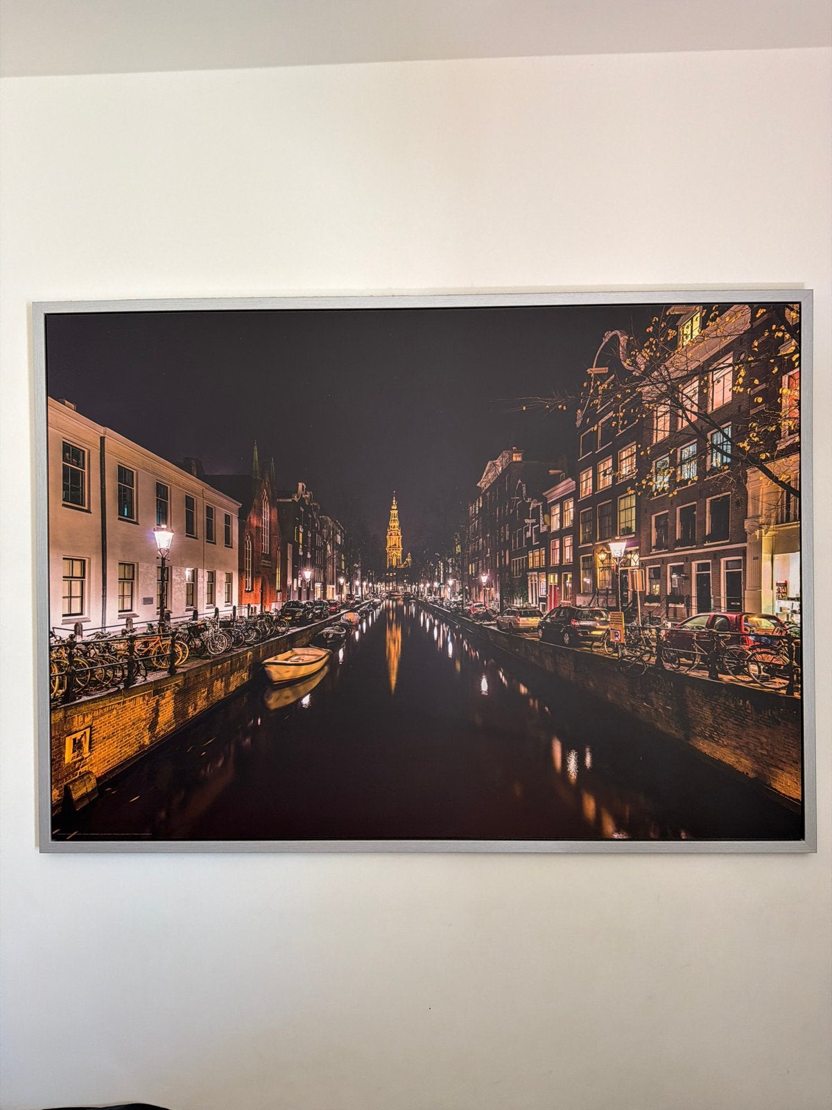 Amsterdam Gracht Nacht schilderij 140cmx100cm, Ophalen, 125 cm of meer, Zo goed als nieuw, Foto of Poster