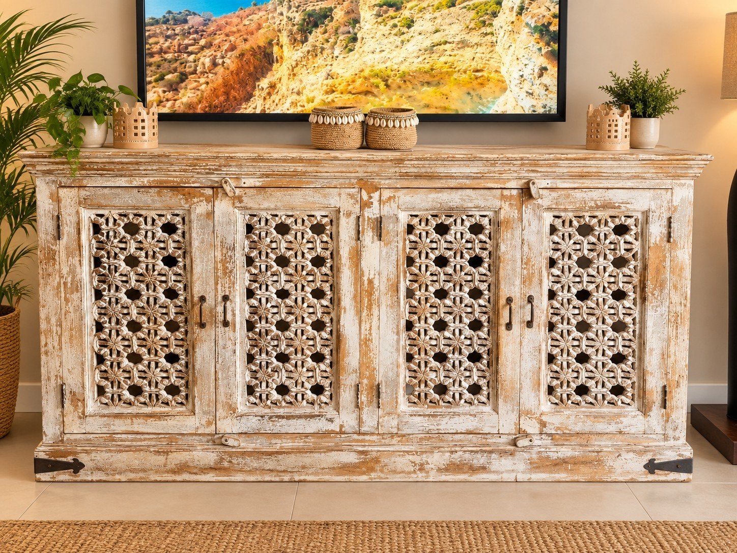 Uniek handgesneden dressoir India/Ibiza, Ophalen, 150 tot 200 cm, 25 tot 50 cm, Overige houtsoorten