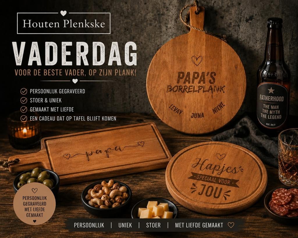 Uniek Vadercadeau - Borrelplank met namen, Houten Plenkske, Info@houtenplenkske.nl, Nieuw, Ophalen of Verzenden
