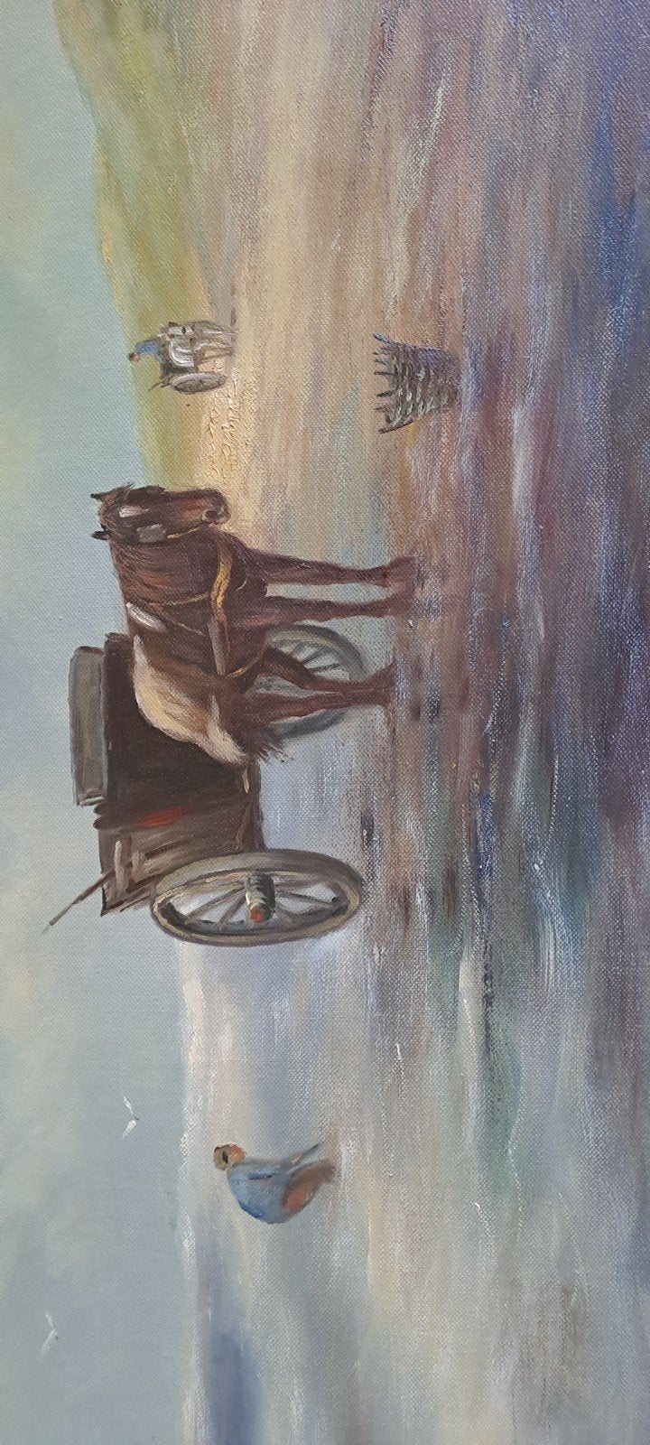 Olieverfschilderij van Paard en wagen op strand., Maritiem / water, Doek, Realistisch, Ophalen of Verzenden