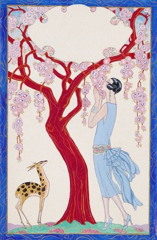 Vrouw, jong hert en rode boom – George Barbier, Artig.nl, 91 cm, Meerkleurig, Papier/karton