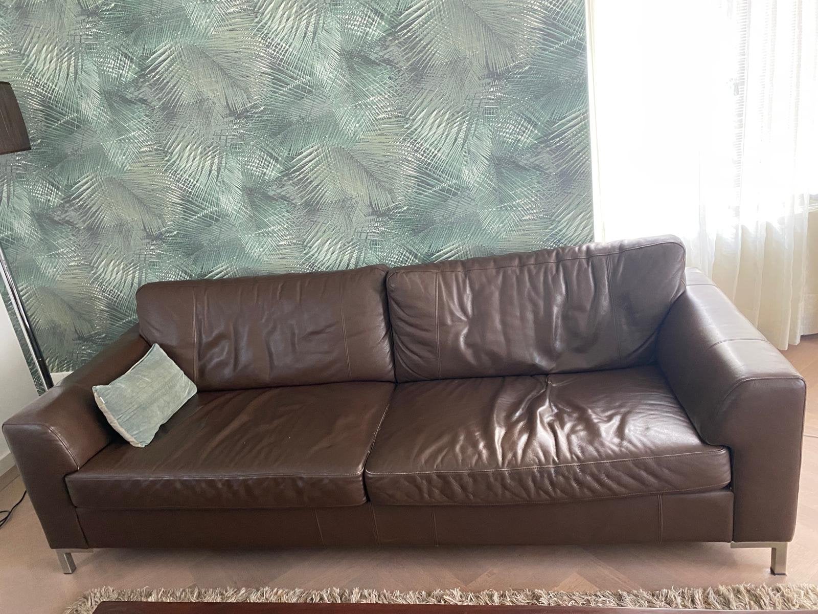 Comfortabele bruine leren bank en fauteuil set, Ophalen, Gebruikt, Driepersoons, Rechte bank