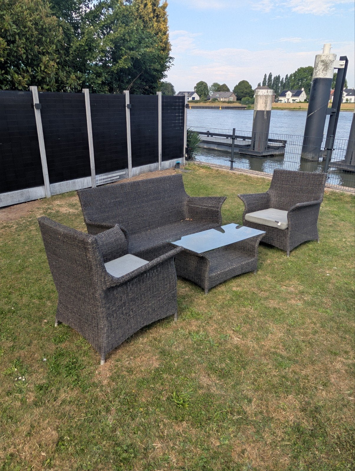 Loungeset met bank, stoelen en loungebed (hoezen vervangen), 5 zitplaatsen, Gebruikt, Ophalen of Verzenden, Loungeset