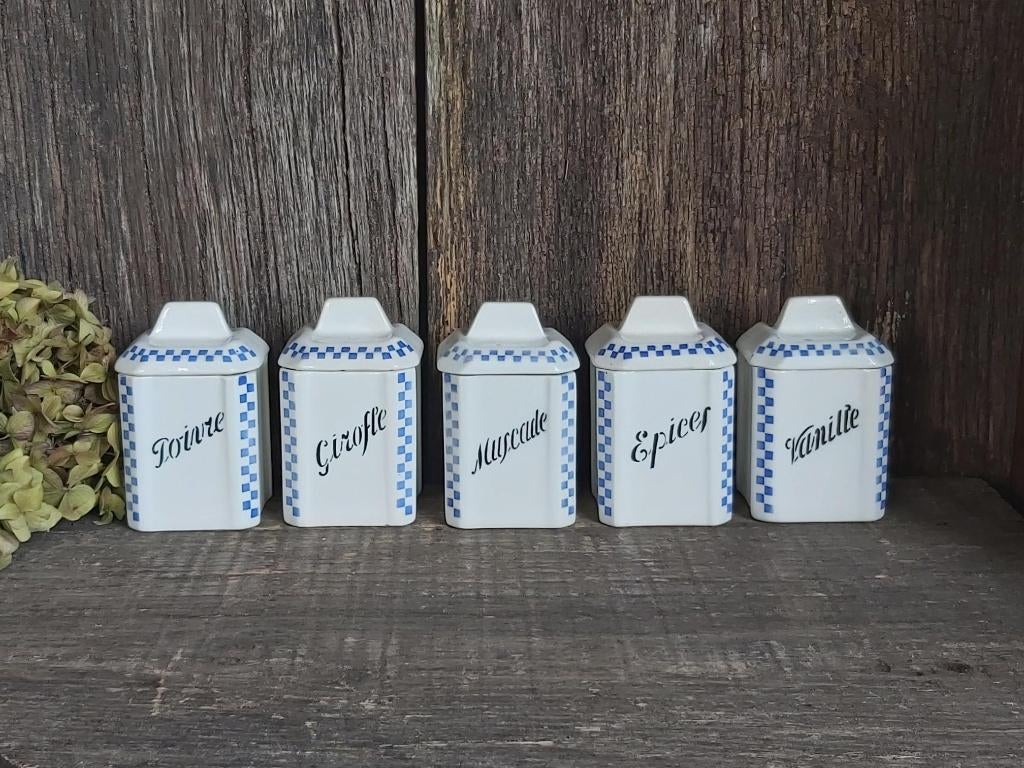 5 mooie oude "lustucru" porseleinen kruiden potjes Nimy Inno, Ophalen of Verzenden
