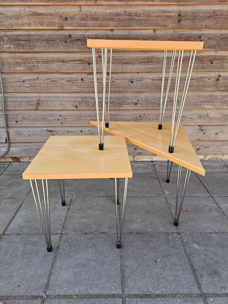 Vintage Deense hairpin bijzettafels – set van 3 – modulair, Huis en Inrichting, Tafels | Bijzettafels, Ophalen, Gebruikt, Vierkant