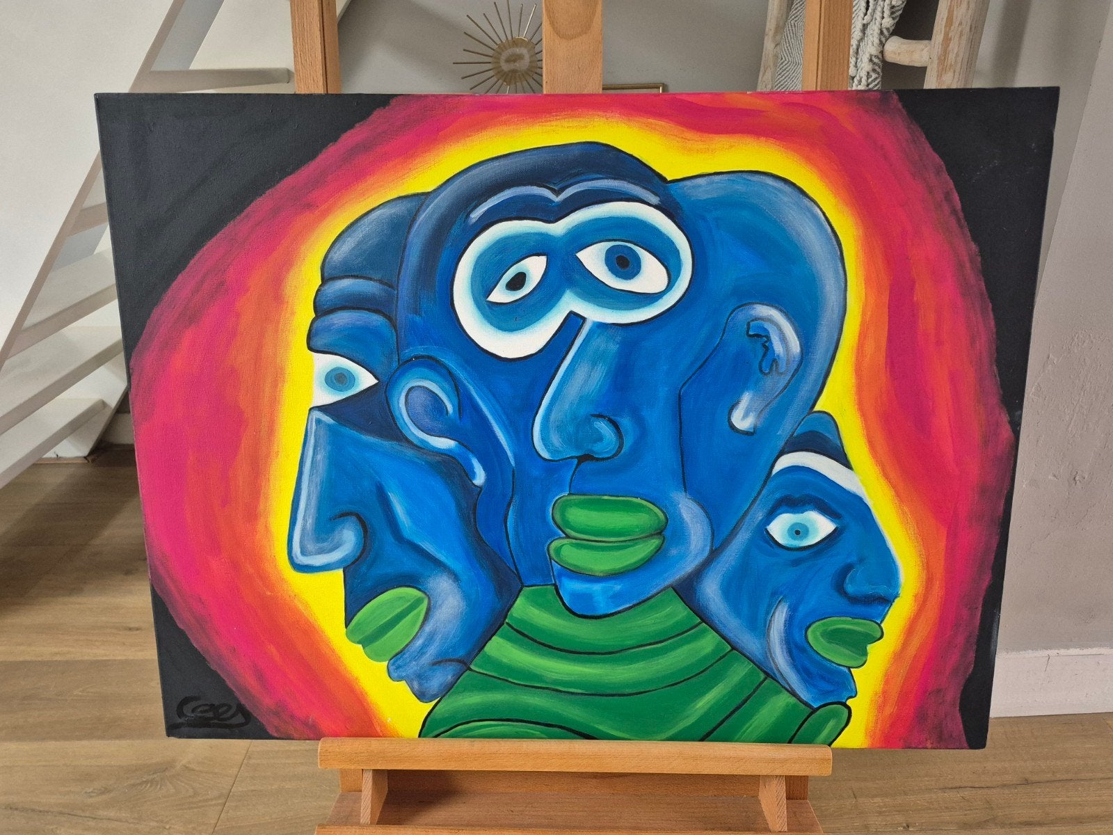 4 gezichten kleurrijk schilderij 80x60x4, Ophalen of Verzenden